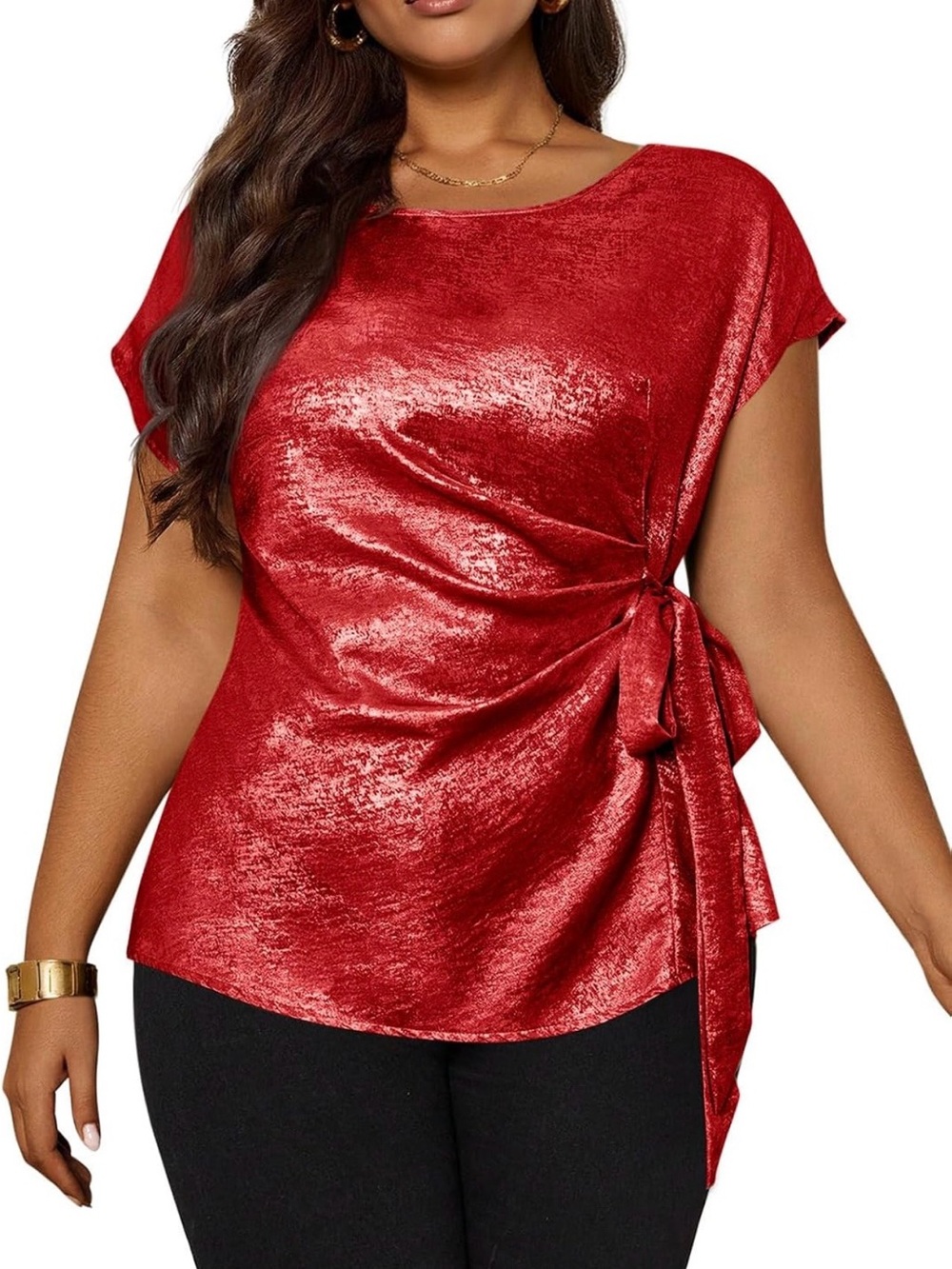 Women Red Crew Neck Twist Knot Tie Metallic Top